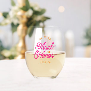 Pink Orange Modern Minimalist Maid of Honour  Stemless Wine Glass