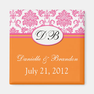 Pink Orange Monogram Damask Wedding Magnet