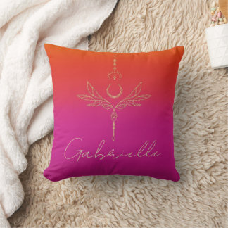 Pink & Orange Ombre Gold Glitter Celestial Name Throw Pillow