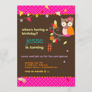 Pink / Orange Owl Personalized Birthday Party Invitation