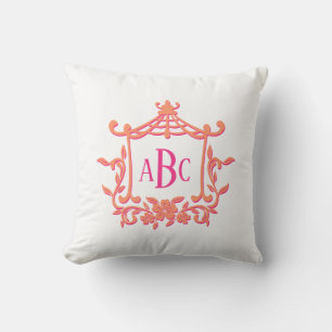 Pink Orange Pagoda Flower Frame Monogram Initials Throw Pillow
