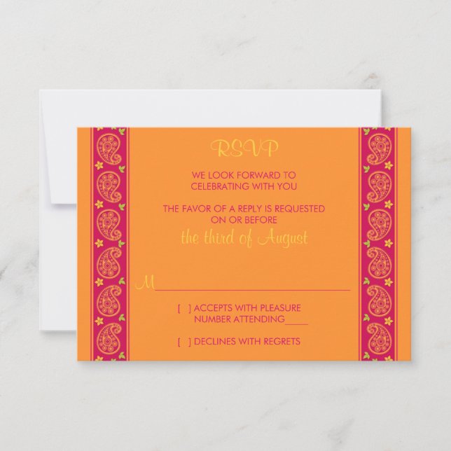 Pink Orange Paisley Floral Wedding Reply Card (Front)