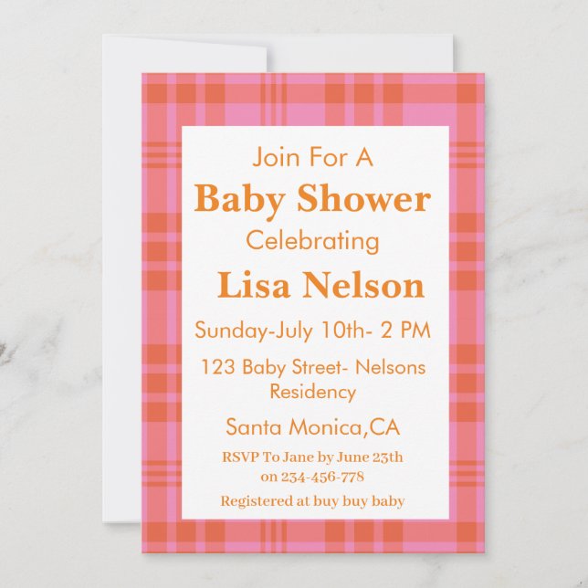 Pink Orange Plaid Gingham Chequered  Baby Shower  Invitation (Front)