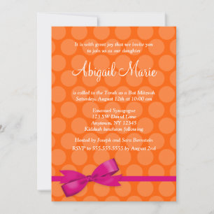 Pink Orange Polka Dot Bow Bat Mitzvah Invitations