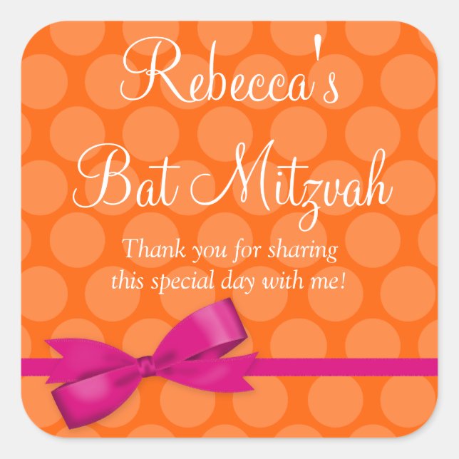 Pink Orange Polka Dot Printed Bow Bat Mitzvah Square Sticker (Front)