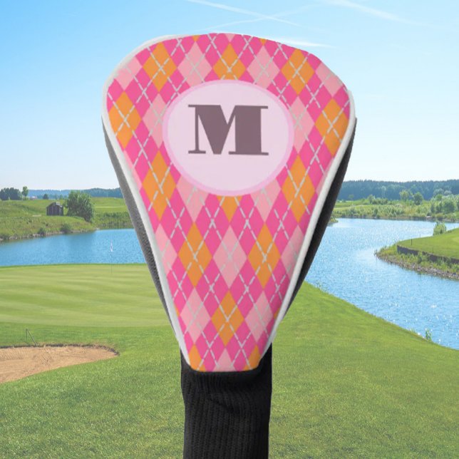 Pink Orange preppy argyle custom monogram ladies Golf Head Cover (Creator Uploaded)