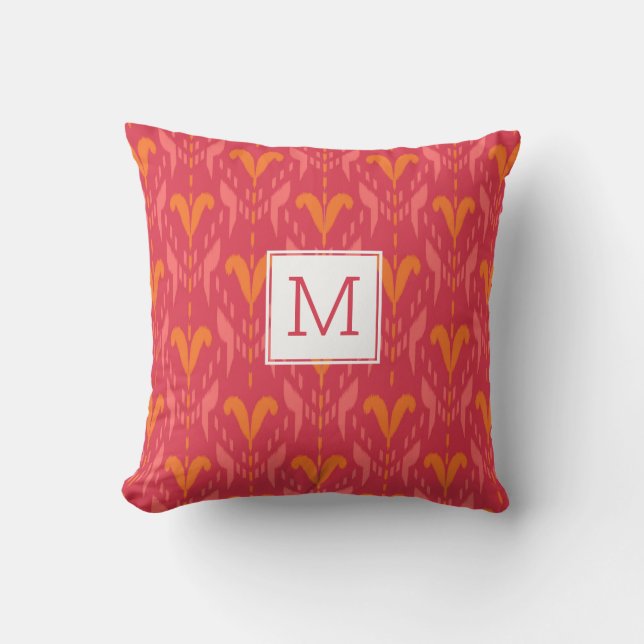 Pink Orange Pretty Floral Ikat Custom Monogram Outdoor Pillow (Front)