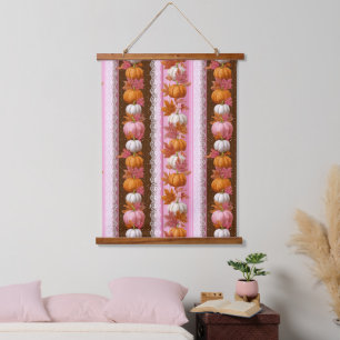 Pink Orange Pumpkin Floral Fall Pattern Hanging Tapestry