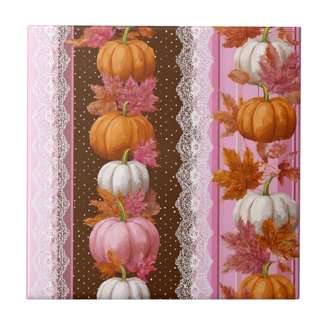 Pink Orange Pumpkin Floral Fall Pattern Tile (Front)