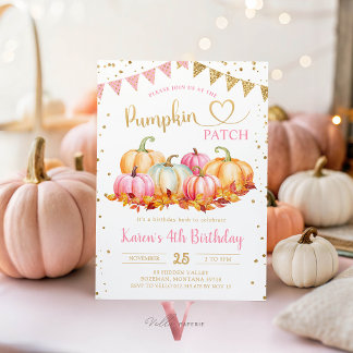 Pink Orange Pumpkin Patch Gold Glitter Birthday Invitation