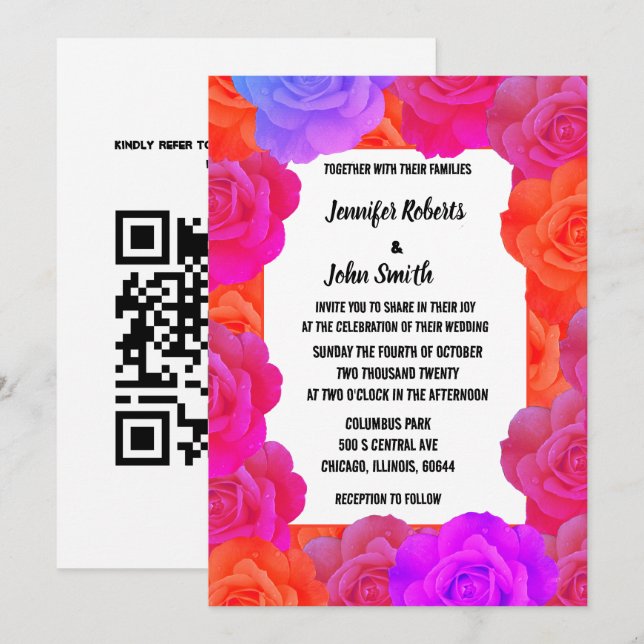 Pink Orange Purple Floral QR Code Roses Wedding Invitation (Front/Back)