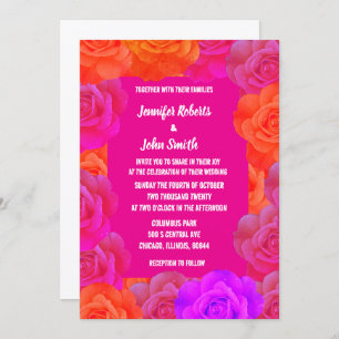 Pink Orange Purple Floral QR Code Roses Wedding Invitation
