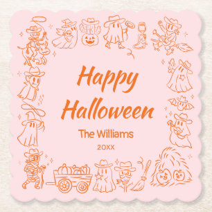 Pink Orange Quirky Hand Drawn Doodles Halloween Paper Coaster