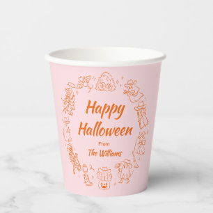 Pink Orange Quirky Hand Drawn Doodles Halloween Paper Cups