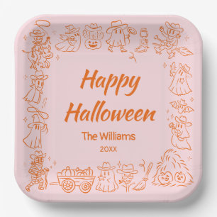 Pink Orange Quirky Hand Drawn Doodles Halloween Paper Plate