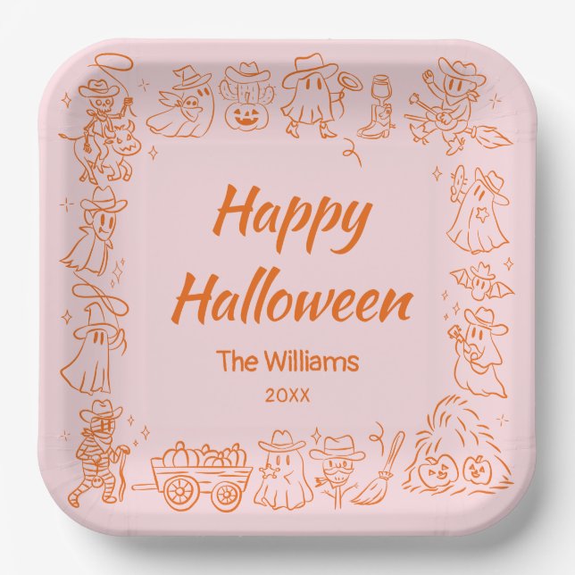 Pink Orange Quirky Hand Drawn Doodles Halloween Paper Plate (Front)