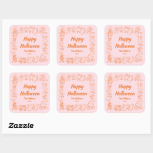 Pink Orange Quirky Hand Drawn Doodles Halloween Square Sticker