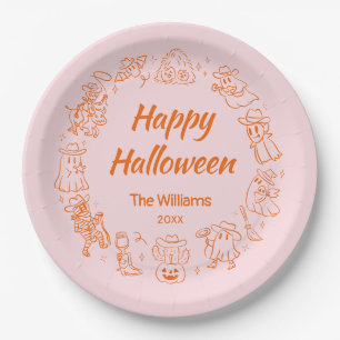 Pink Orange Quirky Hand Drawn Happy Halloween Paper Plate