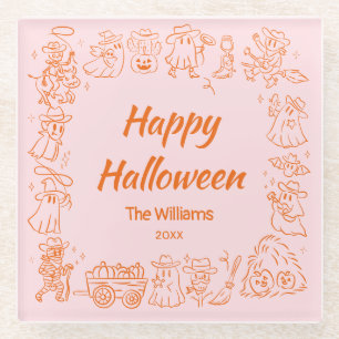 Pink Orange Quirky Hand Drawn Scribbles Halloween Glass Coaster