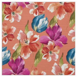 Pink Orange Red Blue Tulips Petunia Spring Flowers Fabric
