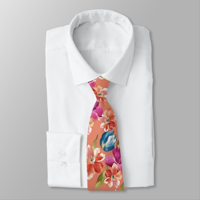 Pink Orange Red Blue Tulips Petunia Spring Flowers Tie (Tied)