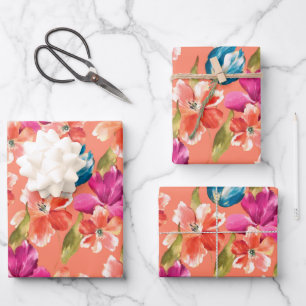 Pink Orange Red Blue Tulips Petunia Spring Flowers Wrapping Paper Sheet