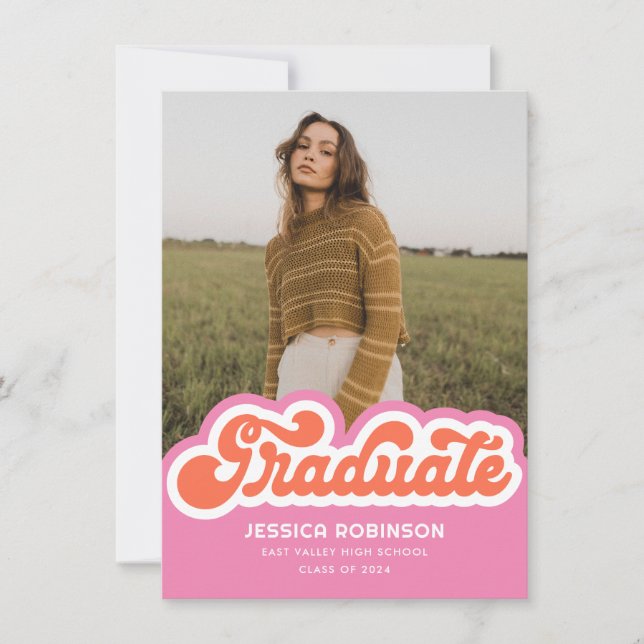 Pink Orange Retro Graduate Photo Announcement (Front)
