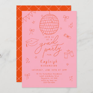 Pink Orange Retro Hand Drawn Grad Party Invitation