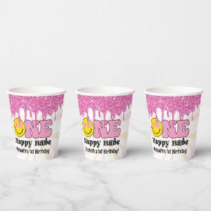 Pink Orange Retro One Happy Babe 1st Birthday Paper Cups