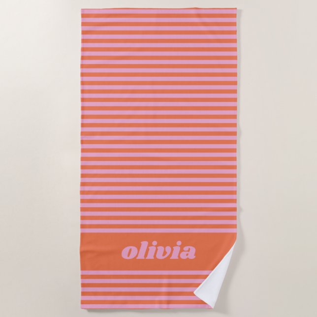 Pink Orange Retro Striped Personalized Name Summer Beach Towel (Front)