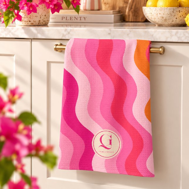 Pink Orange Retro Waves Personalized Monogram Kitchen Towel (Creator Uploaded)