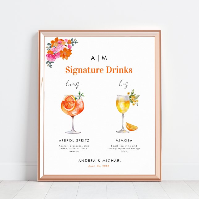 Pink Orange Signature Drinks Cocktail Wedding Sign (Creator Uploaded)