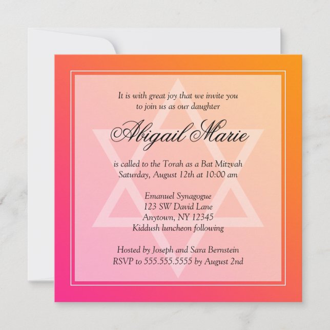 Pink Orange Star of David Bat Mitzvah Square Invitation (Front)