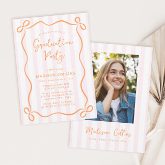 Pink Orange Stripes Bow Graduation Party Photo Invitation