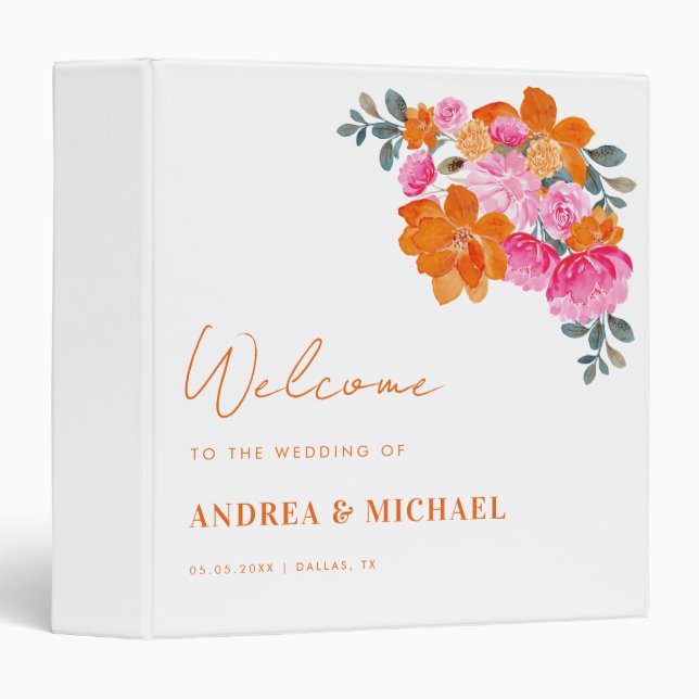 Pink & Orange Summer Floral Garden Wedding Welcome Binder (Front/Spine)