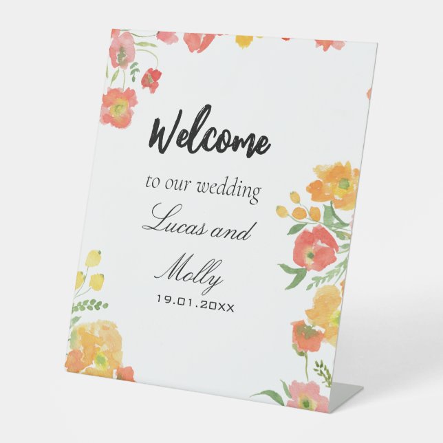 Pink & Orange Summer Floral wedding Pedestal Sign (Front)