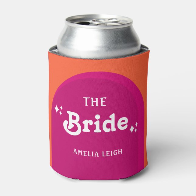 Pink & Orange Sunset Retro The Bride Can Cooler (Can Front)