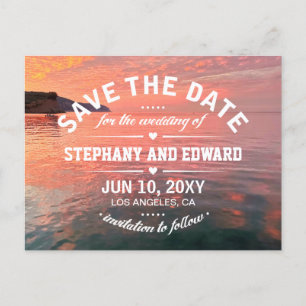 Pink Orange Sunset Sea Save the Date Wording Announcement Postcard