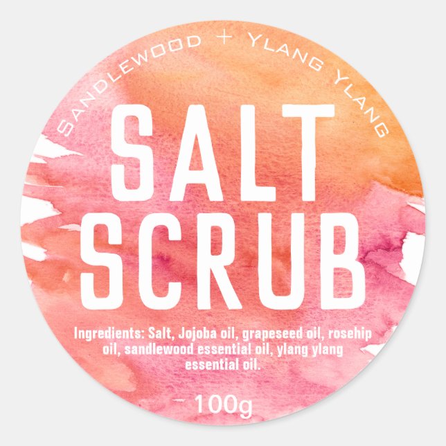 Pink Orange Sunset Watercolor Salt Scrub Labels (Front)