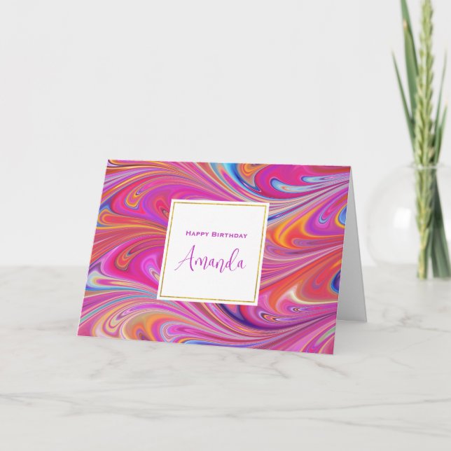 Pink Orange Swirls Abstract Design Birthday Card (Front)