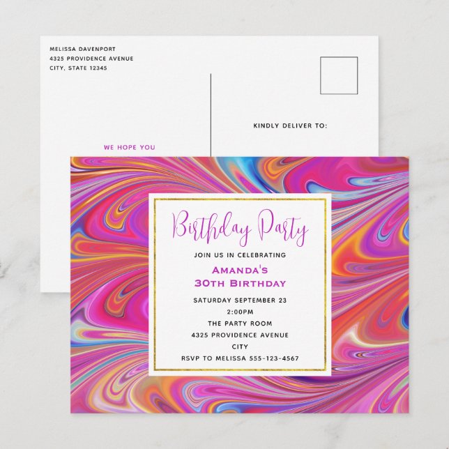 Pink Orange Swirls Abstract Design Birthday Party Postcard (Front/Back)