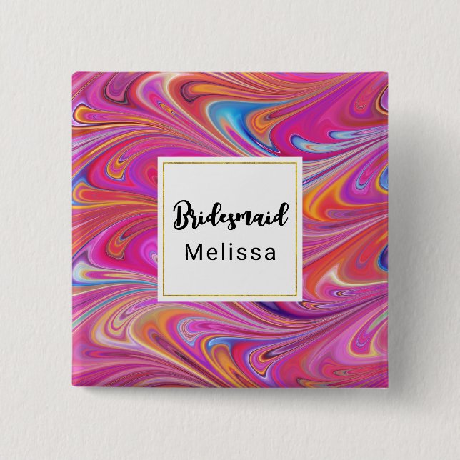 Pink Orange Swirls Groovy Design Bridesmaid 2 Inch Square Button (Front)