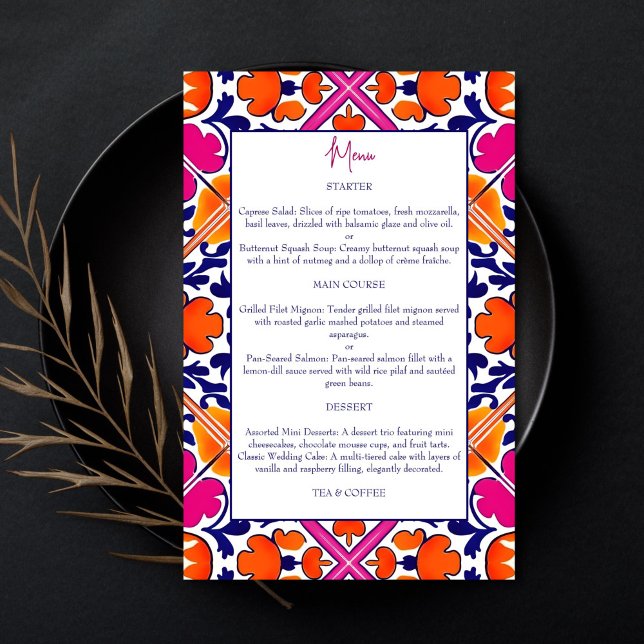 Pink orange Talavera vintage Mexican menu card (Pink orange blue folk Talavera Spanish vintage Mexican wedding menu card personalized table decor )