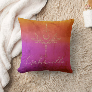 Pink & Orange Textured Gold Glitter Celestial Name Throw Pillow
