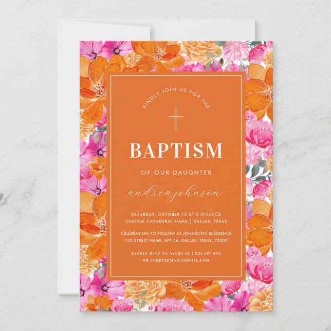 Pink & Orange Vibrant Summer Garden Cross Baptism Invitation (Front)