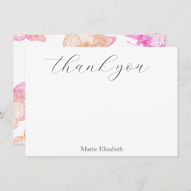 Pink Orange Watercolor Butterfly Pattern  Thank You Card (Front/Back)