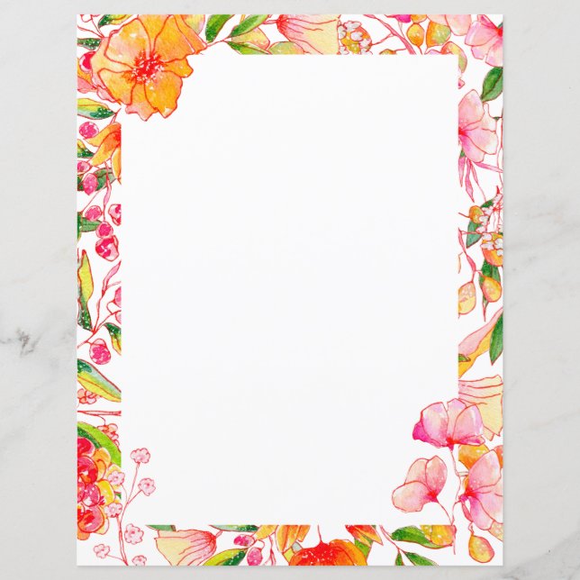 Pink Orange Watercolor Floral Blank Stationery (Front)