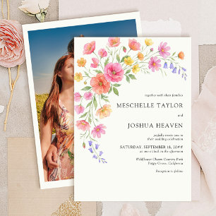 Pink Orange Watercolor Floral Photo Wedding Invitation