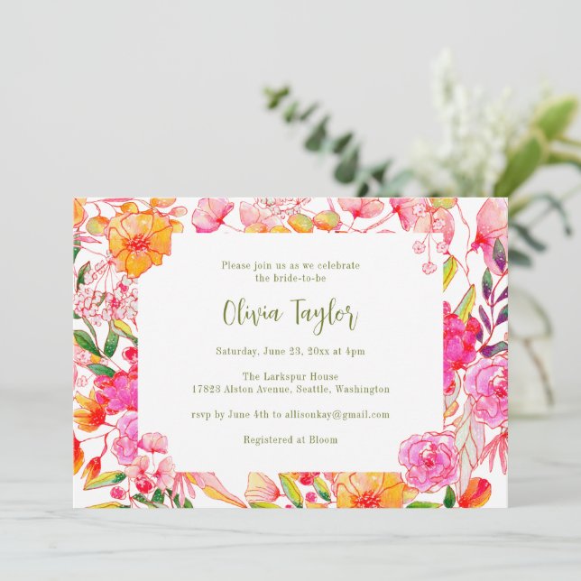Pink Orange Watercolor Flowers Chic Bridal Shower Invitation (Standing Front)