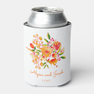 Pink Orange Watercolor Flowers Custom Wedding Can Cooler